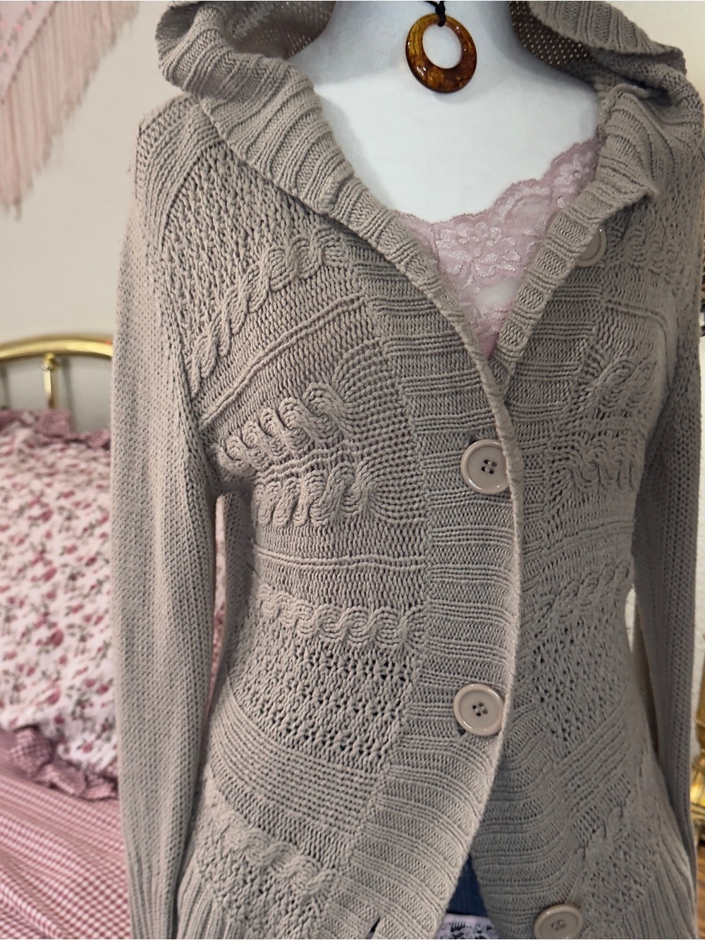 Y2K Women's Hooded Button-Front Knit Cardigan Sweater - Taupe - Picture 5 of 9
